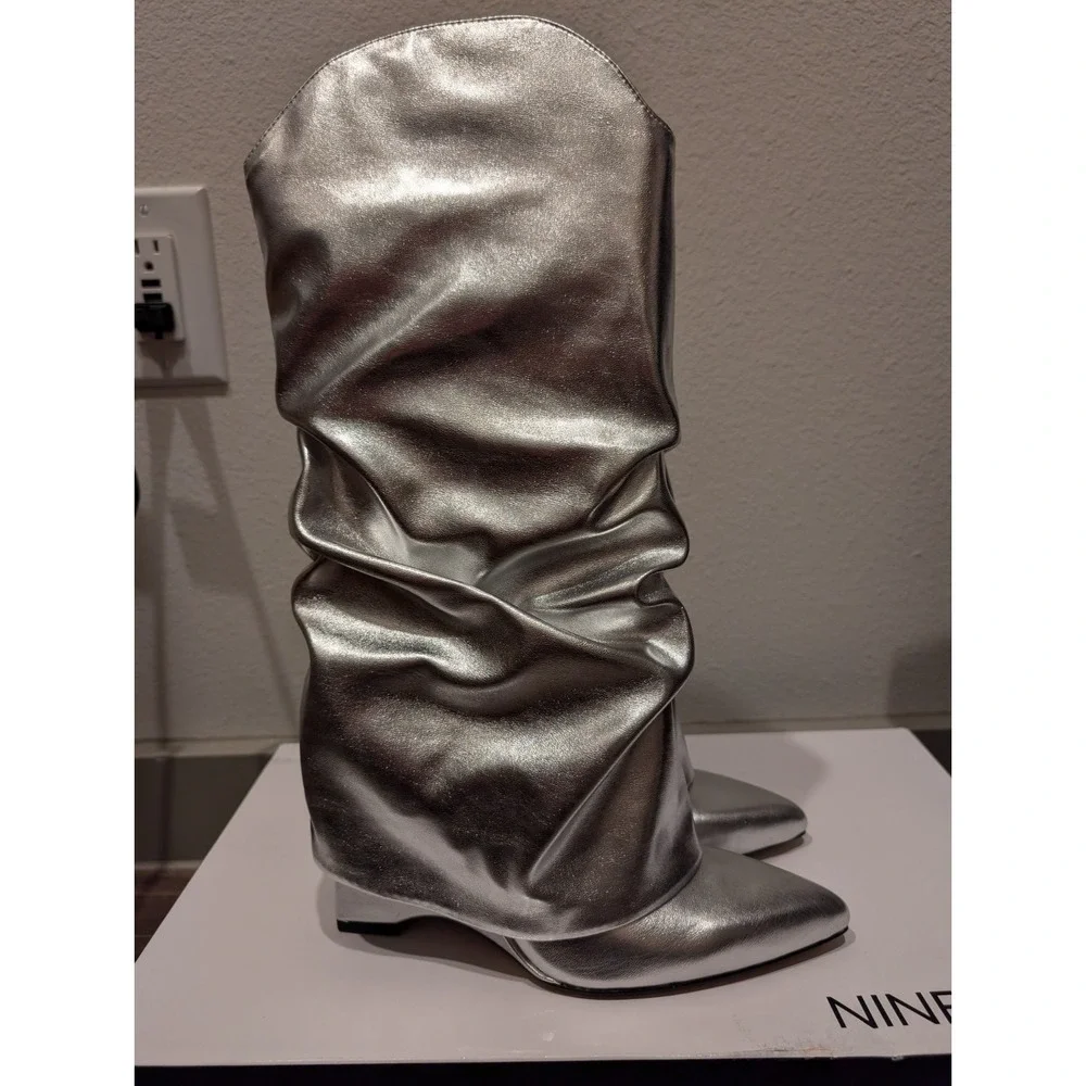 Nine West Women Shoes 6M Amazing Slouchy Point Wedge Heel Boots‎ Silver
